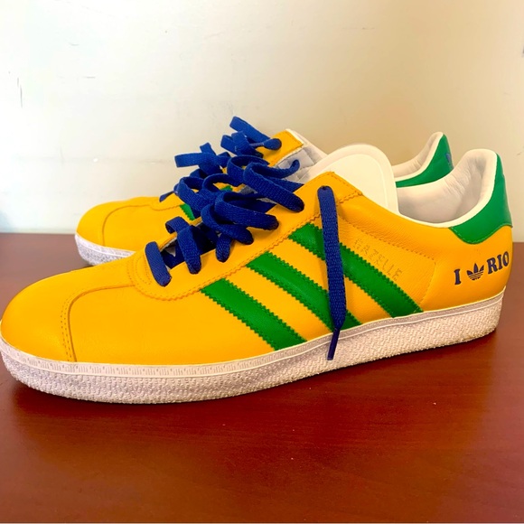 Men’s size 10 Adidas Gazelle “I love Rio” sneakers - yellow w/ green stripes - Picture 1 of 11